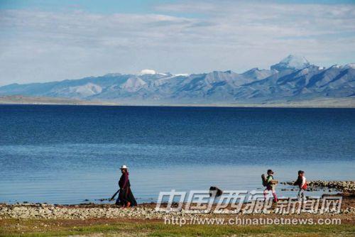 暢游在瑪旁雍措湖邊。